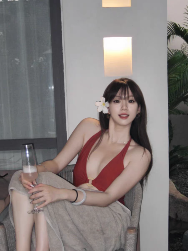 Hong Kong - Style One - Piece Swimsuit in Striking Red with Wooden Ring Accents, Full View