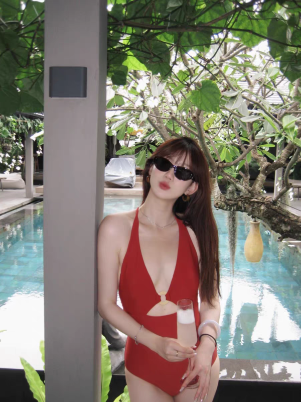 Hong Kong - Style One - Piece Swimsuit in Striking Red with Wooden Ring Accents, Full View