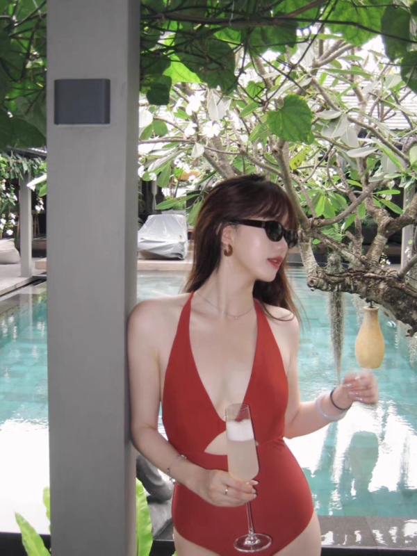 Hong Kong - Style One - Piece Swimsuit in Striking Red with Wooden Ring Accents, Full View